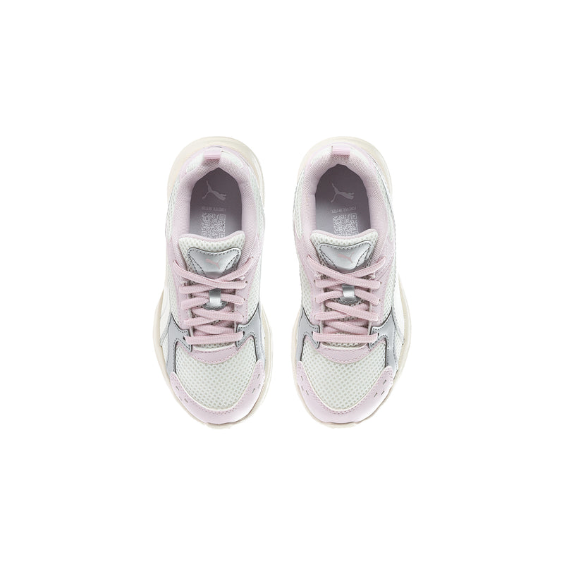 Kids' light pink sneakers pair with padded collars and lavender lace-up detailing