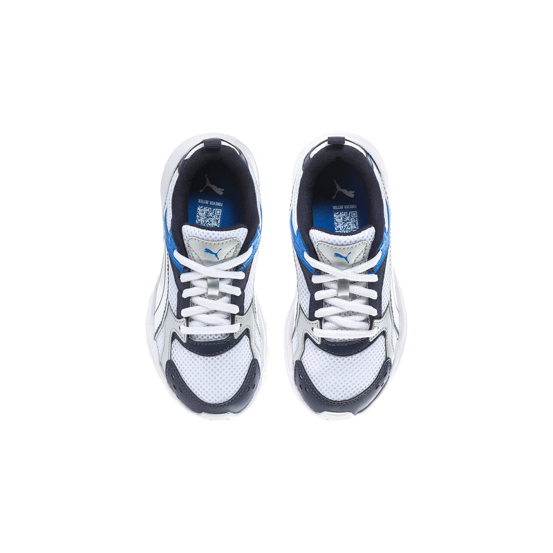 Kids lace-up sneakers with white laces and blue logo detail on inner lining