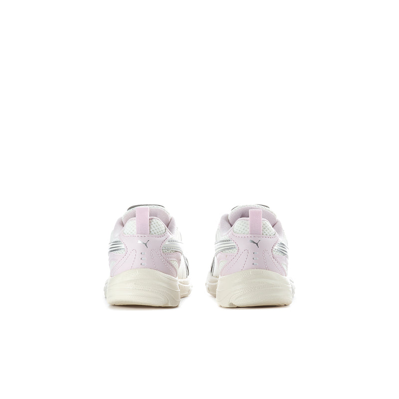 Kids' light pink sneakers with heel tabs and off-white chunky sole, rear view