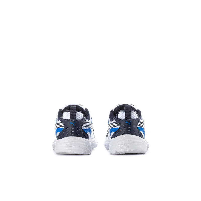 Kids sneakers heel view with navy and blue side stripes on a white sole