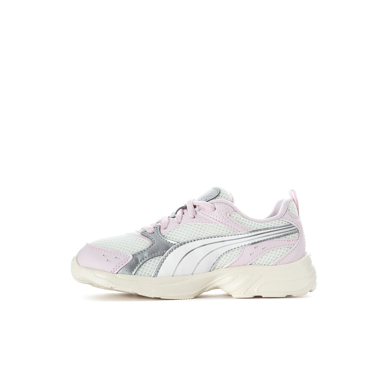 Kids' light pink and silver sneakers with lace-up front and textured midsole