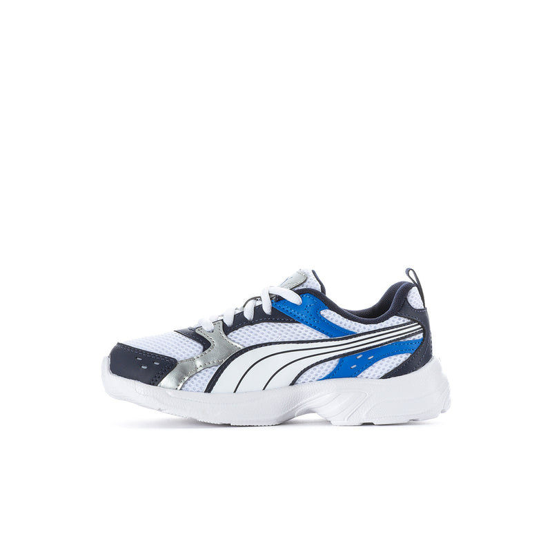 Kids sneakers side profile with blue accents, black overlay, and white midsole