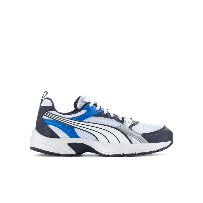 Youth running sneakers in white, blue, and black with lace-up front and sporty stripes