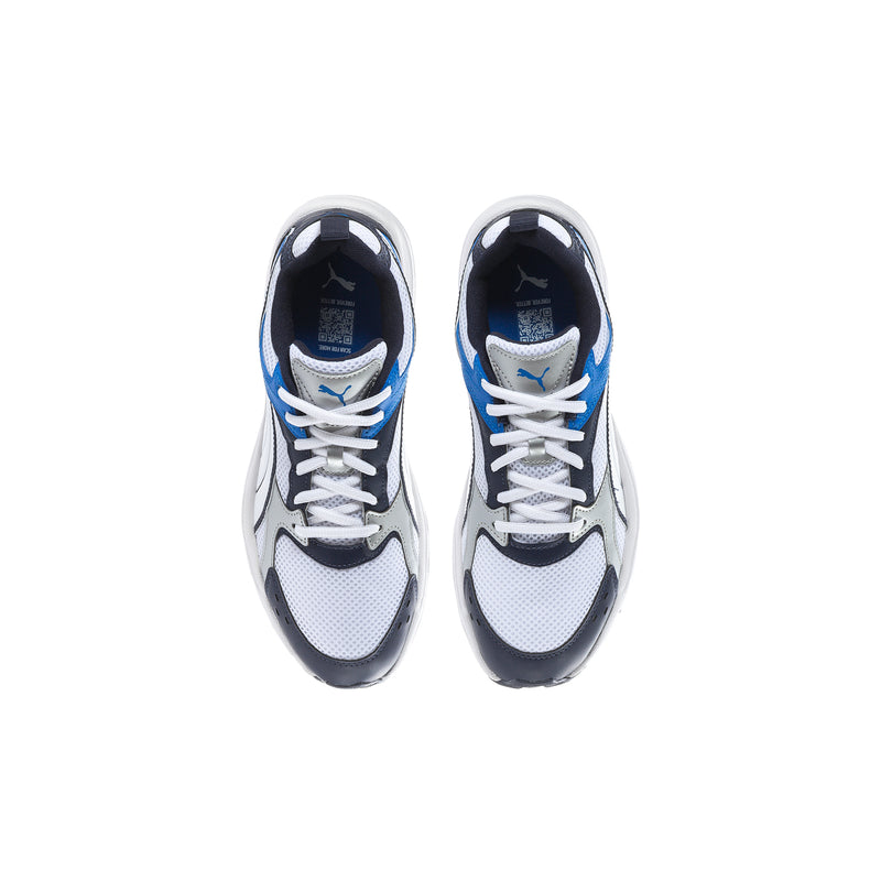 Pair of youth sneakers, top view, lace-up white with blue stripes and black toe caps