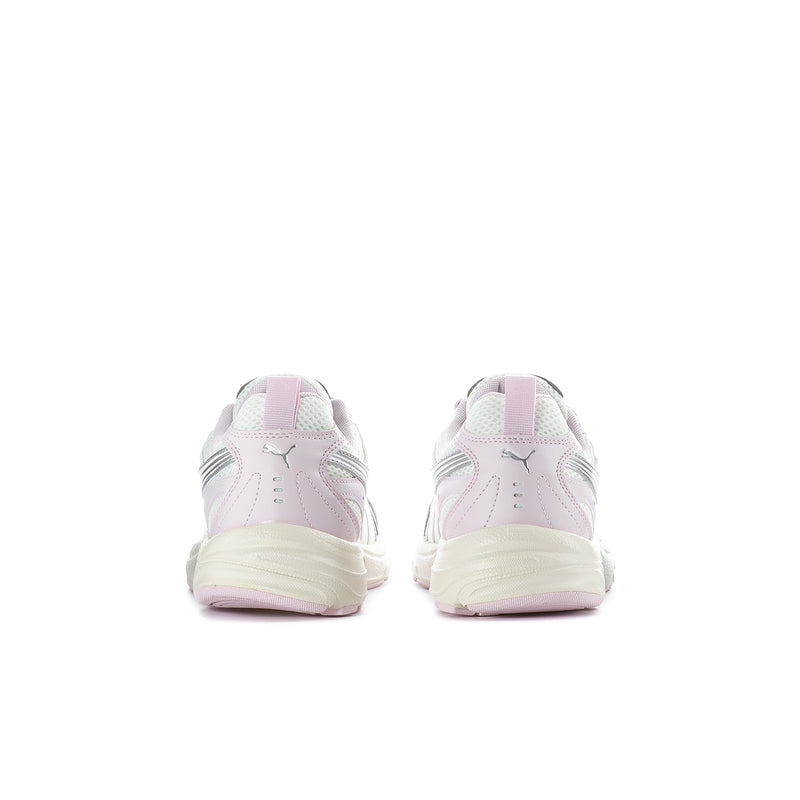 Youth sneakers in cream and pastel pink from heel view with branded back logo