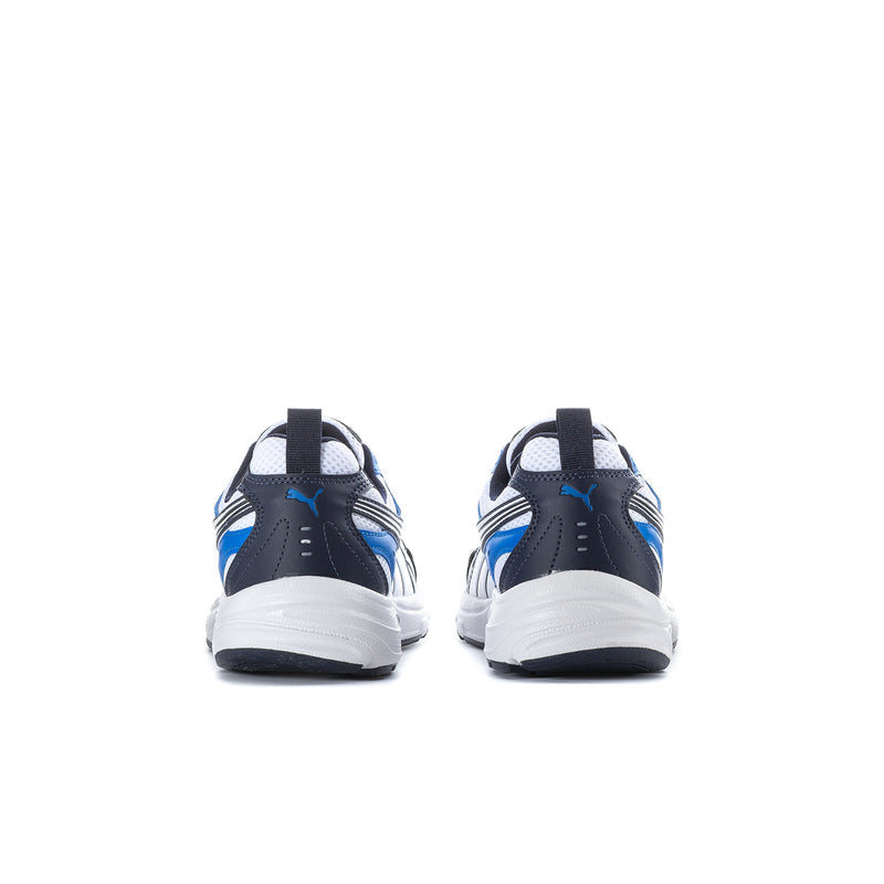 Youth sneakers rear view with black heel counter, blue side stripes, and white midsoles