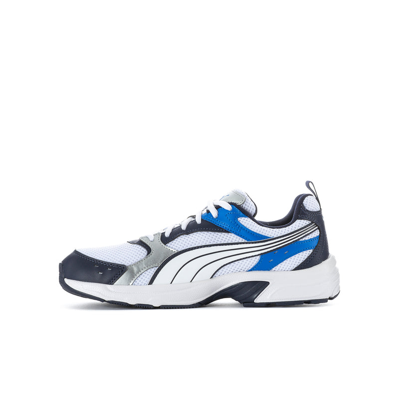 Youth sneaker side view in white with blue stripes, black panels, and gray details