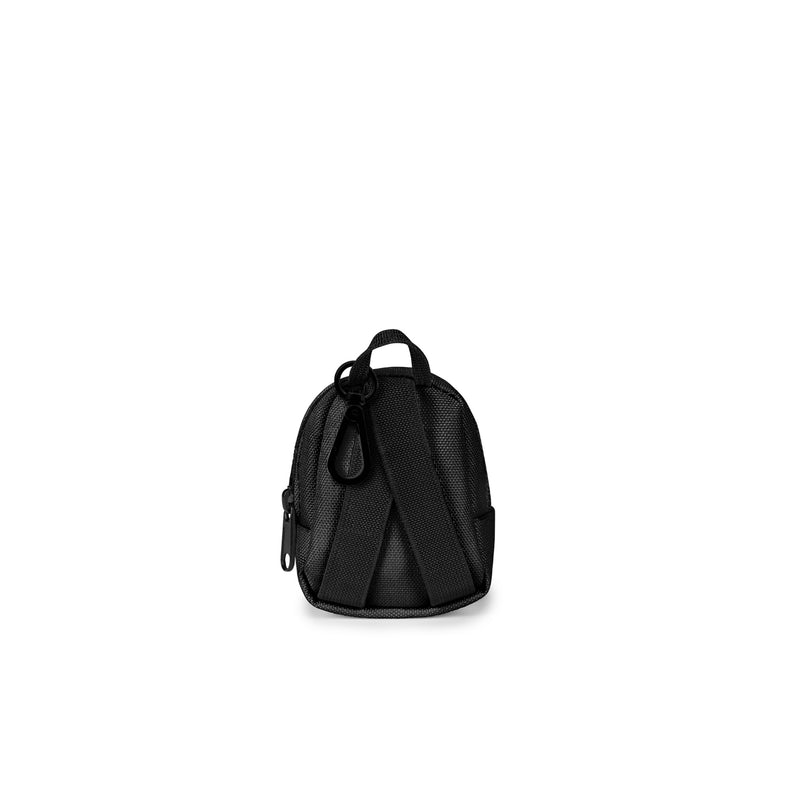 Black mini backpack with adjustable shoulder straps and side zipper pocket