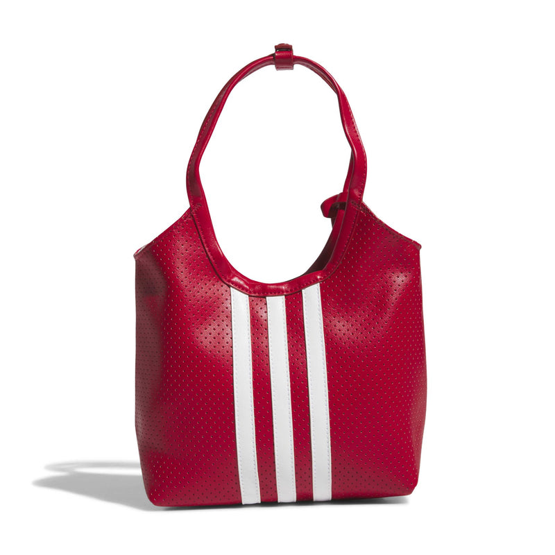Mini perforated PU tote bag in red with white vertical stripes and loop handles