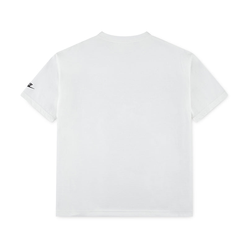 Youth T-shirt in white with small logo mark on sleeve, plain back