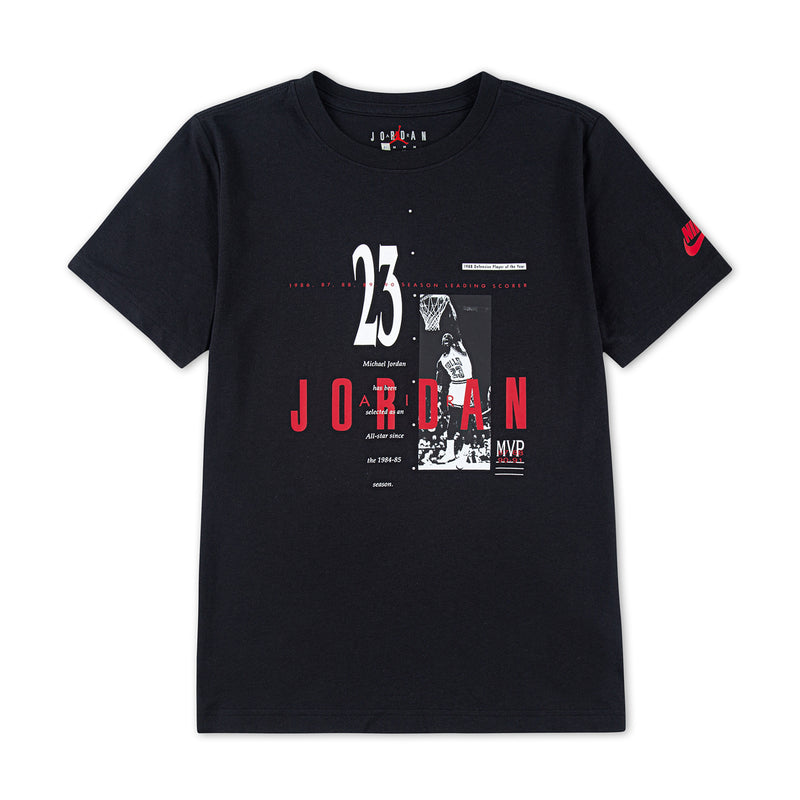 Youth graphic T-shirt in dark black with large red-and-white 23 Jordan front print