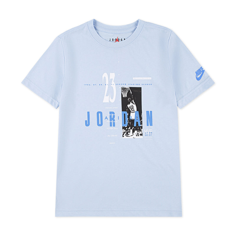 Youth light blue graphic T-shirt with Jordan logo front