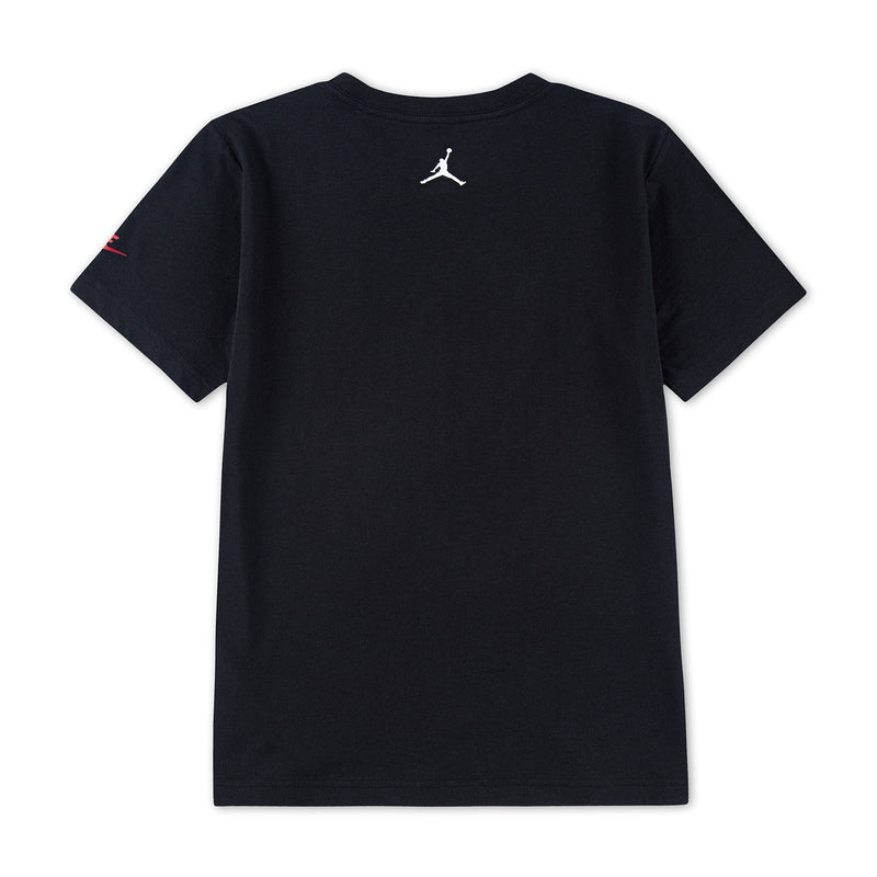Youth graphic T-shirt, dark black, with small Jumpman/Jordan logo on the back