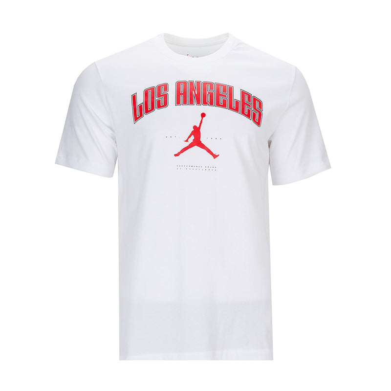 Men's white graphic T-shirt with red Los Angeles text and Jordan silhouette