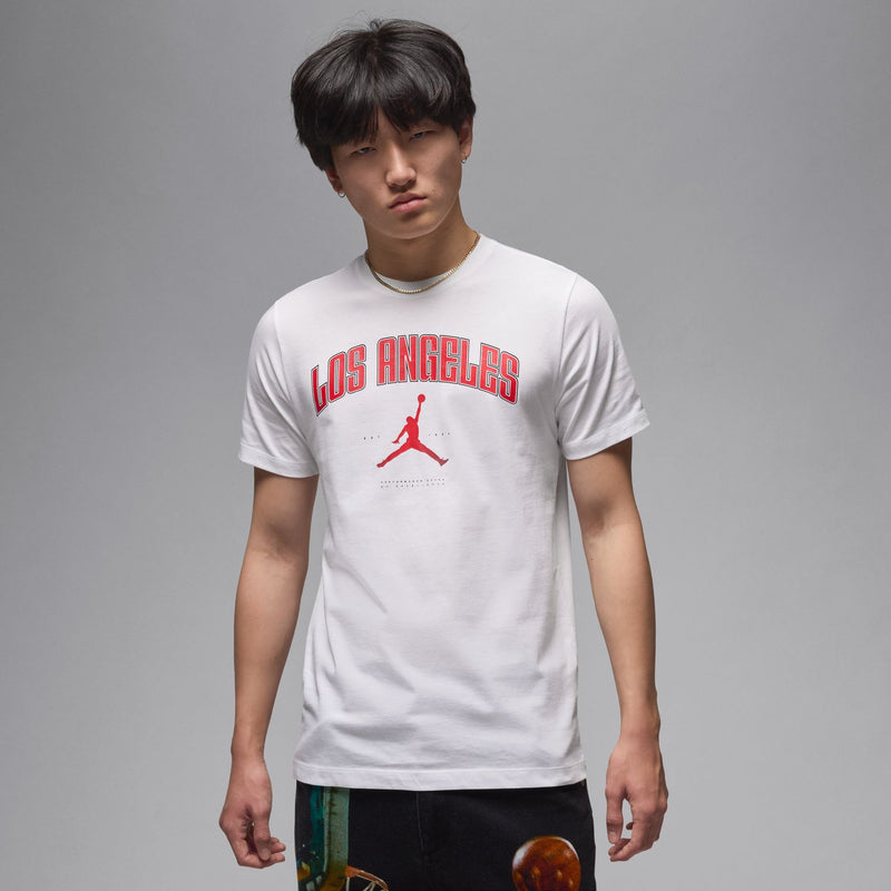 Men's white crew-neck T-shirt with red Los Angeles city graphic