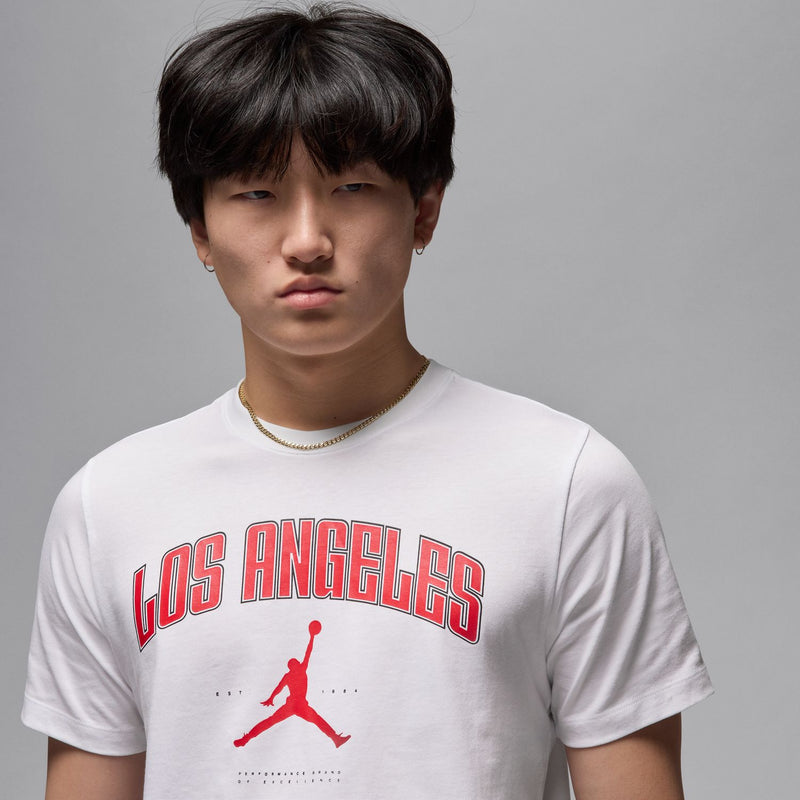 Men's white graphic T-shirt: red Los Angeles lettering with Jordan figure