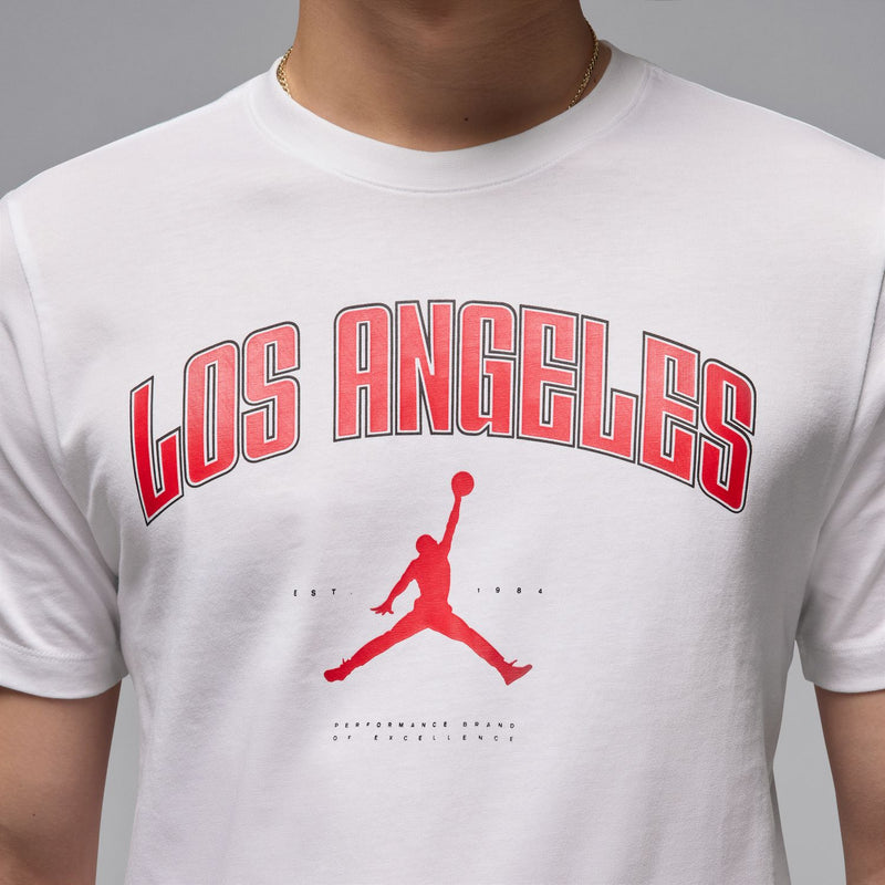 Men's white T-shirt with large red Los Angeles print and Jordan silhouette