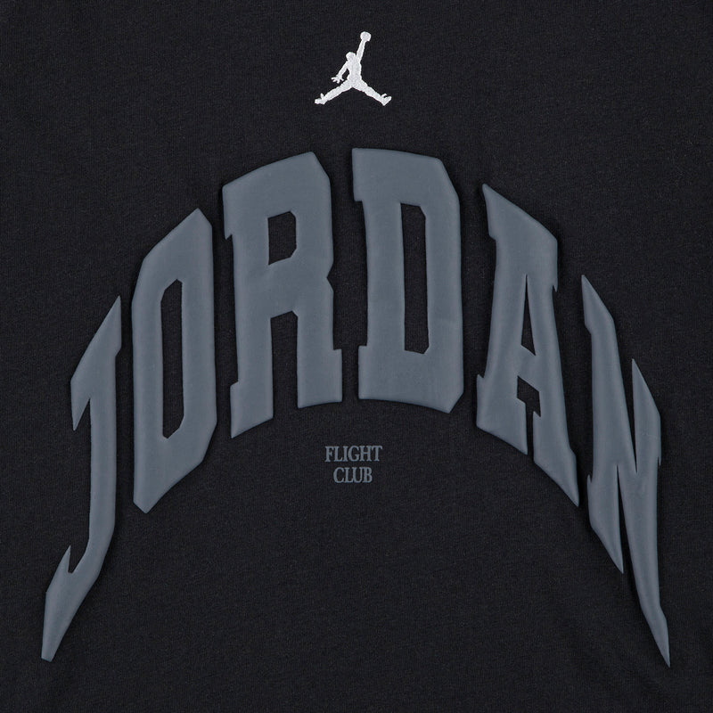 Youth black T-shirt with large Jordan Flight Club print in gray and white