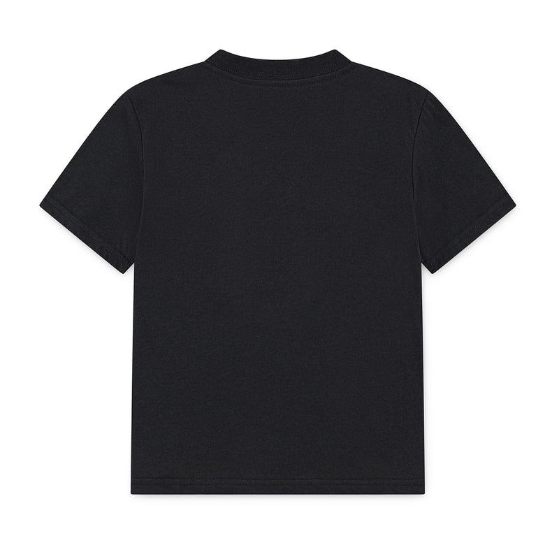 Plain youth black T-shirt with crew neck and short sleeves (back view)