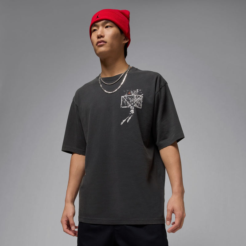Black crewneck T-shirt with small front graphic print