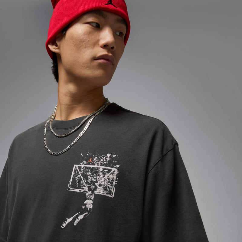 Black crewneck T-shirt with detailed front graphic print