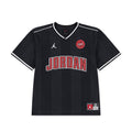 Black youth basketball jersey with V-neck trim and Jordan graphic front