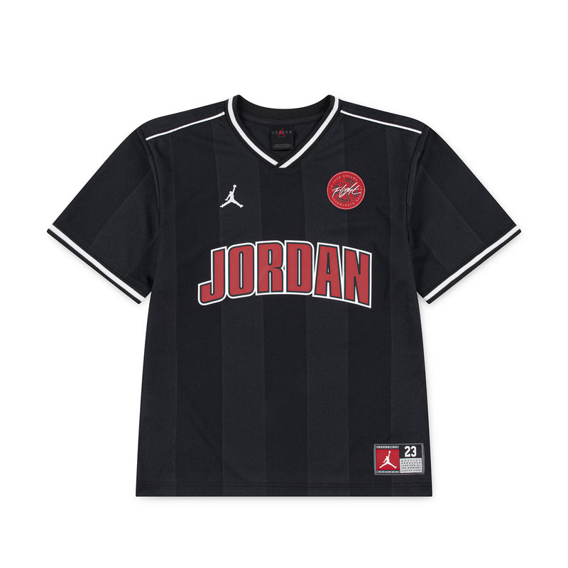 Black youth basketball jersey with V-neck trim and Jordan graphic front