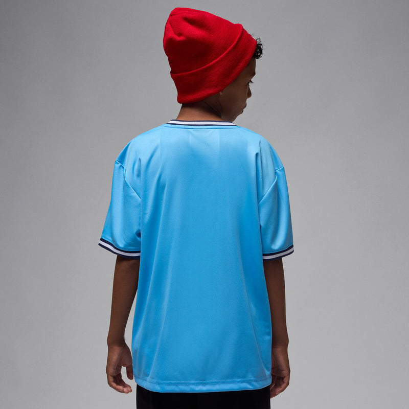 Youth light blue basketball jersey back, V-neck collar with black trim