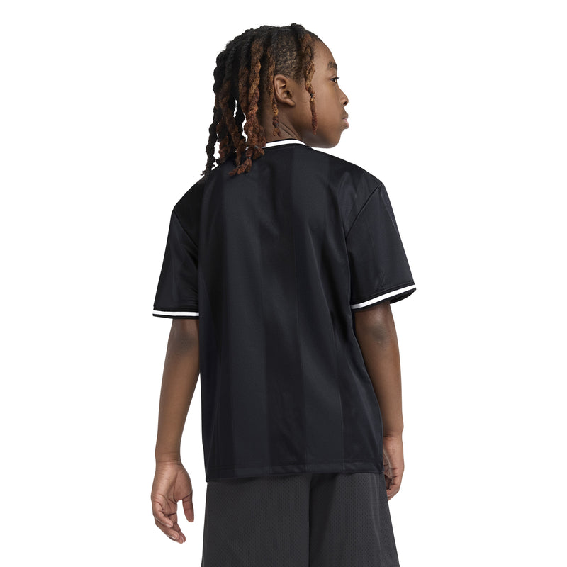 Black youth basketball jersey back view with white-trim collar and short sleeves