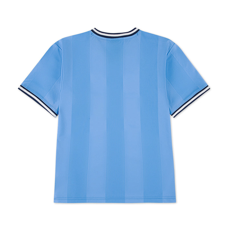 Youth light blue basketball jersey, V-neck with black-and-white sleeve stripes