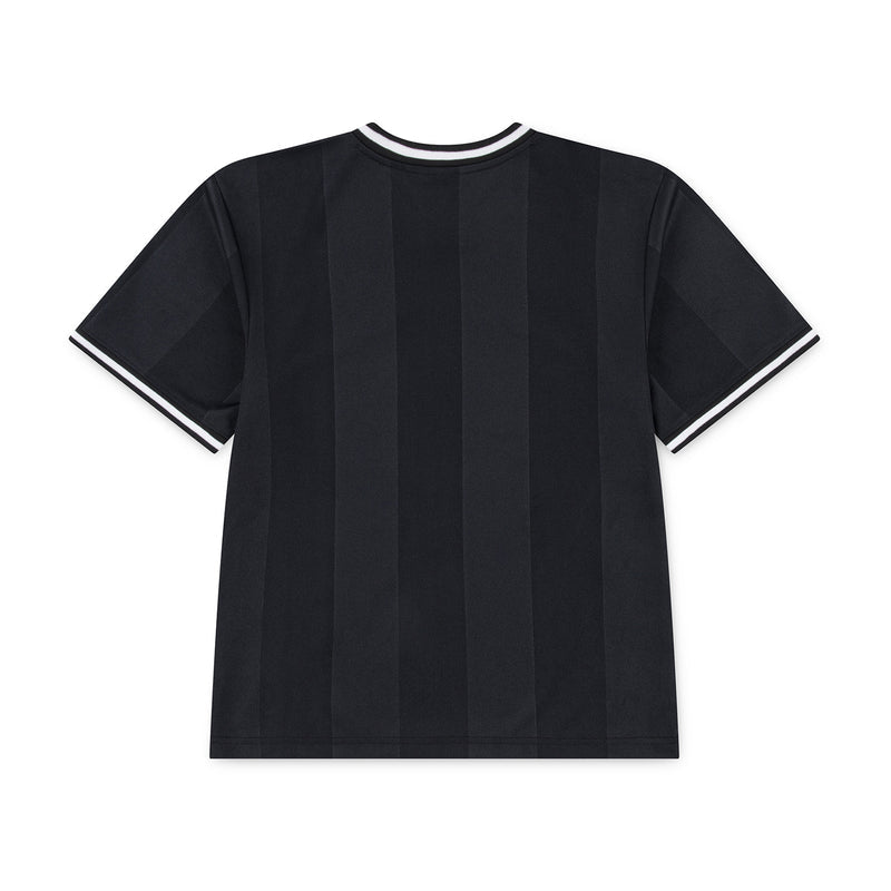 Black youth basketball jersey back view with white collar trim and vertical panels