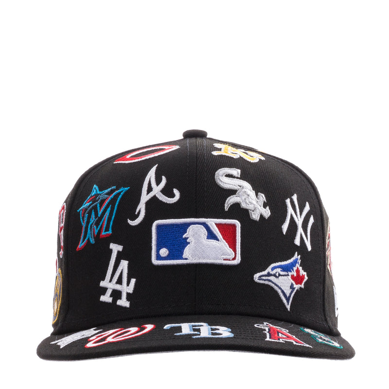 Black baseball cap with all-over embroidered MLB team logos and flat brim