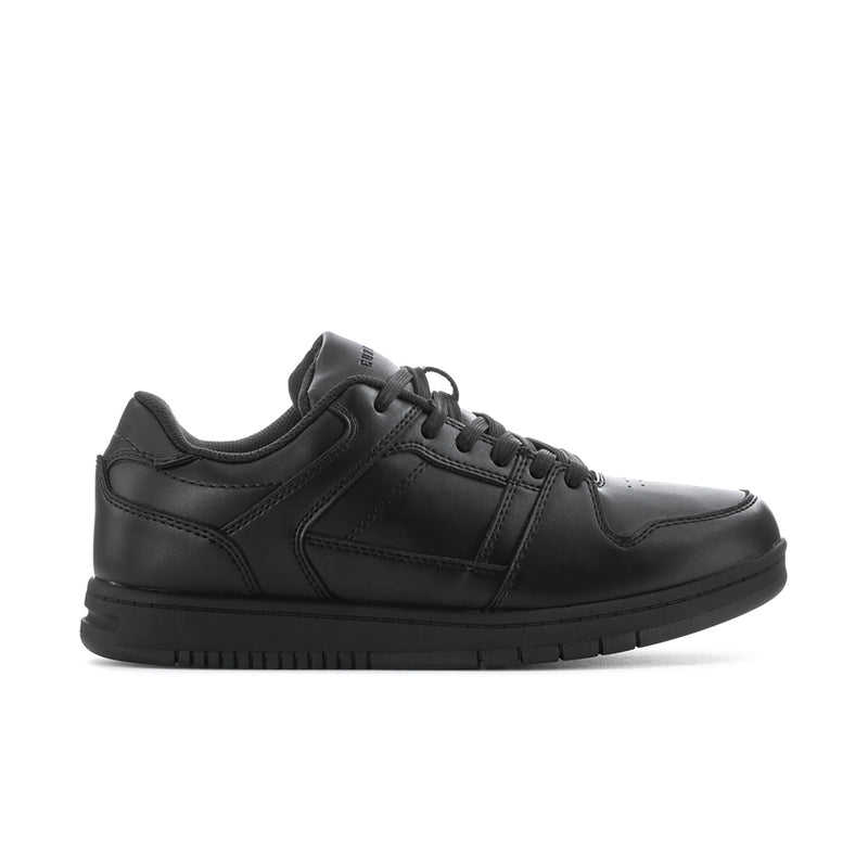 Men's black lace-up low-top sneakers with padded collar and stitched panels