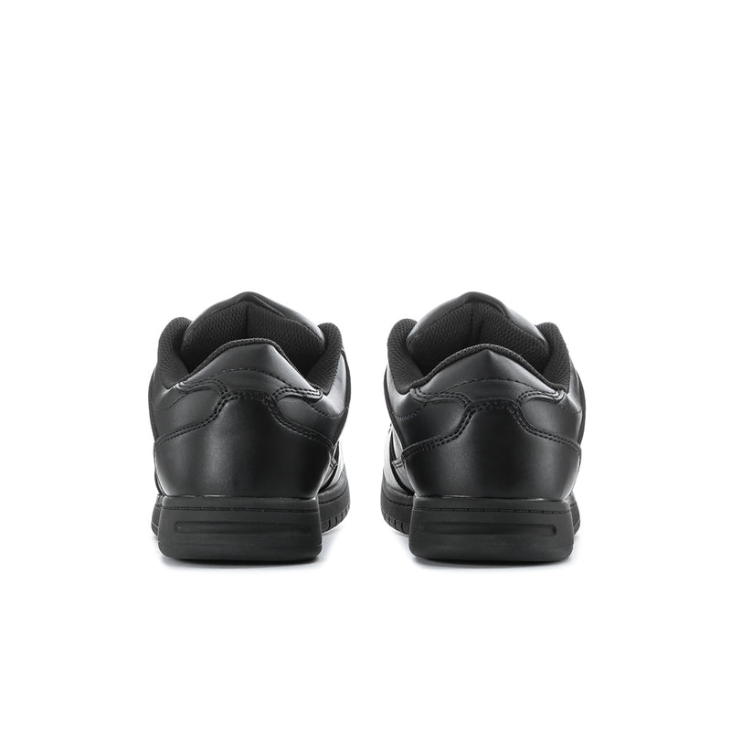 Men's black sneakers with rear heel design and low-profile rubber outsole