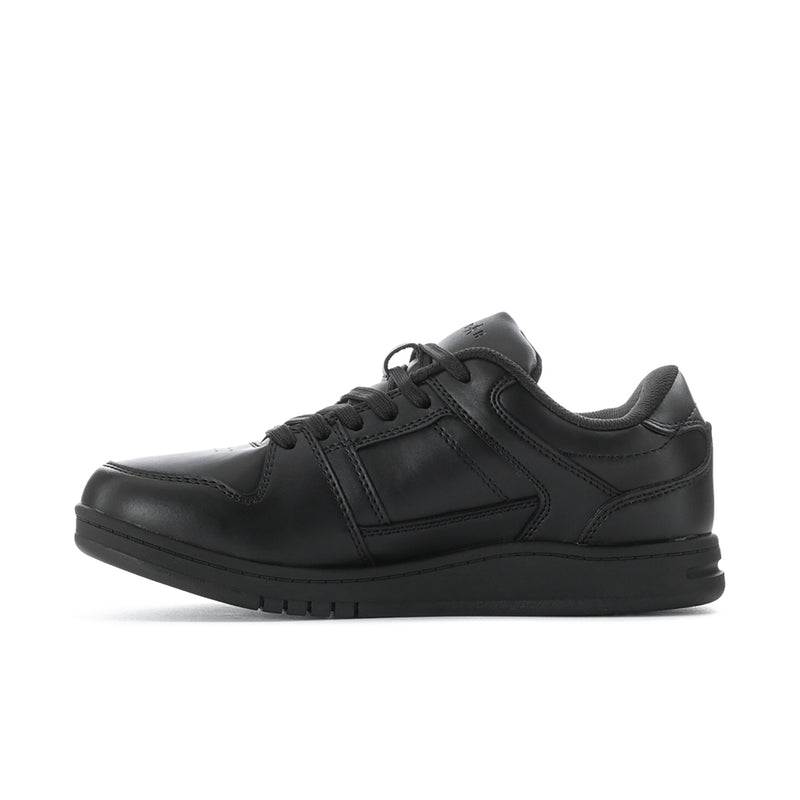 Men's black lace-up low-top sneakers with side stripes and chunky sole
