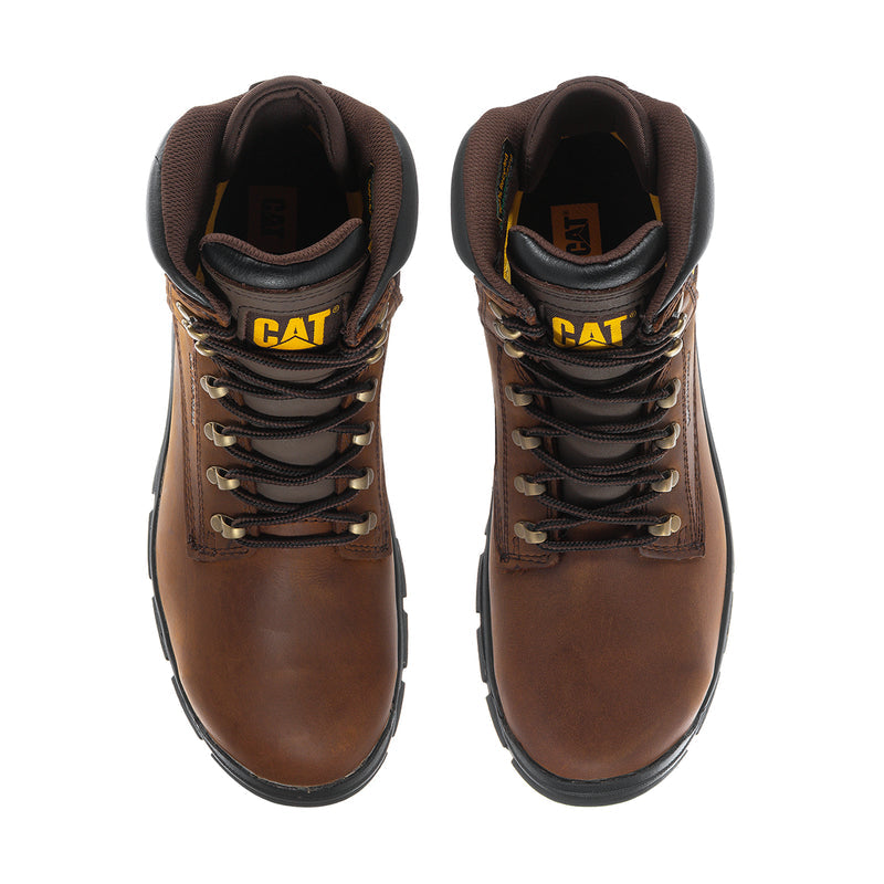 Dark brown lace-up boots, front view, padded collar and yellow CAT logo on tongue