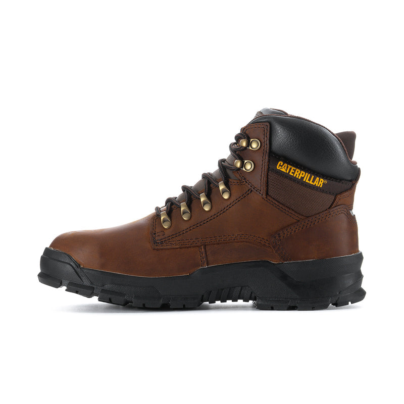 Dark brown lace-up work boot with black heel panel, metal eyelets, CAT branding