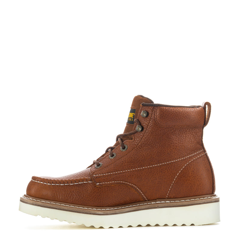 Men's brown moc-toe lace-up boot, side view with stitching and padded ankle