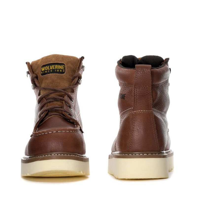 Pair of men's brown steel-toe moc-toe boots: front view and heel