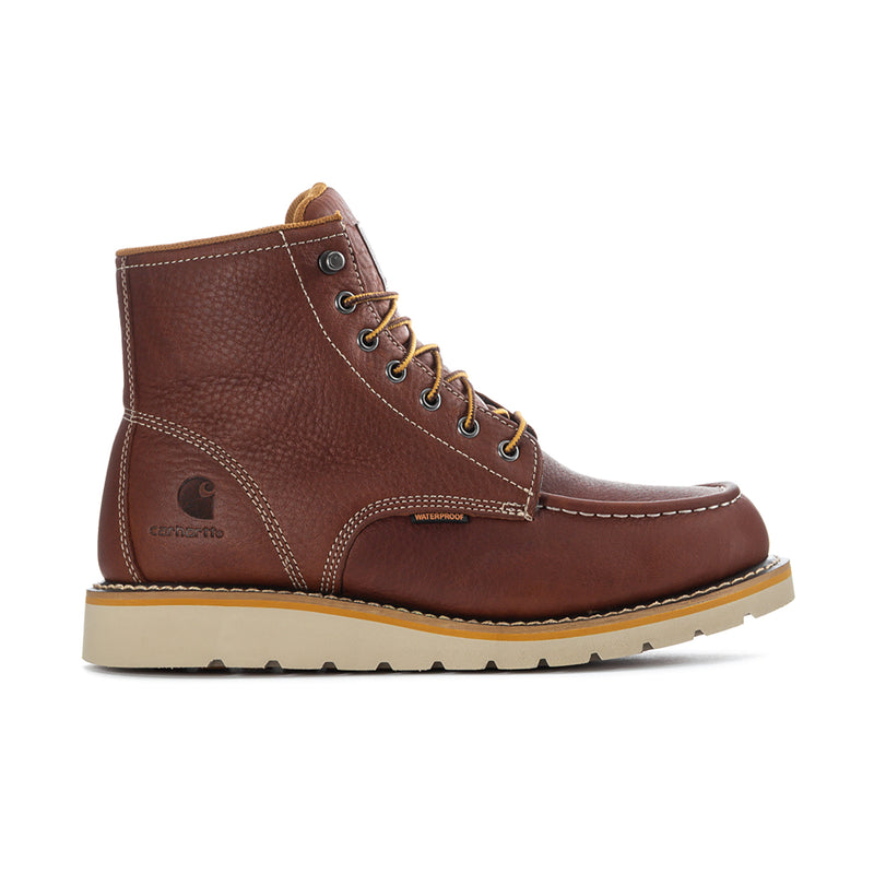 Men's brown moc-toe 6" waterproof lace-up boots with tan rubber sole