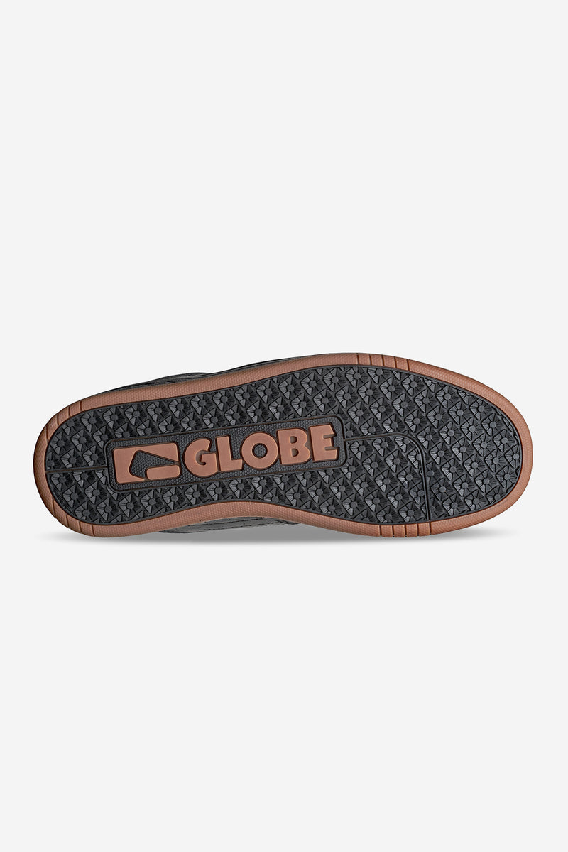 Bottom view of Mojo 2.0 in black and gum with a textured outsole and Globe logo