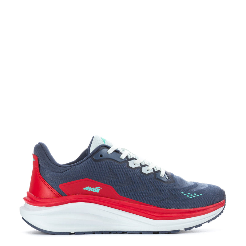 Men's navy running shoes with red side panels, white sole, lace-up front