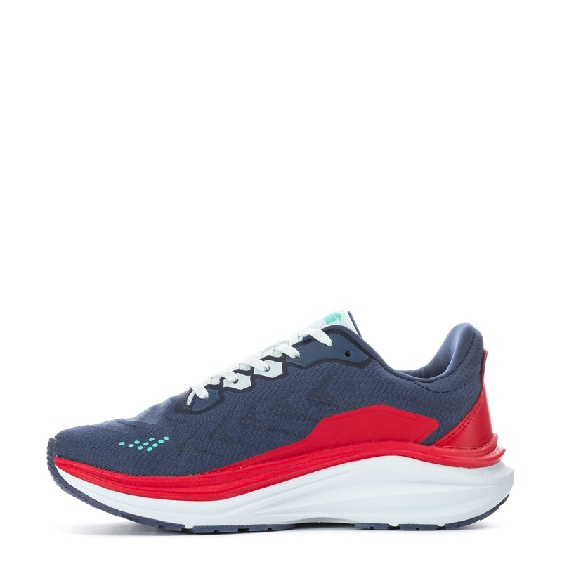 Men's navy lace-up running shoes with red heel trim and white midsole