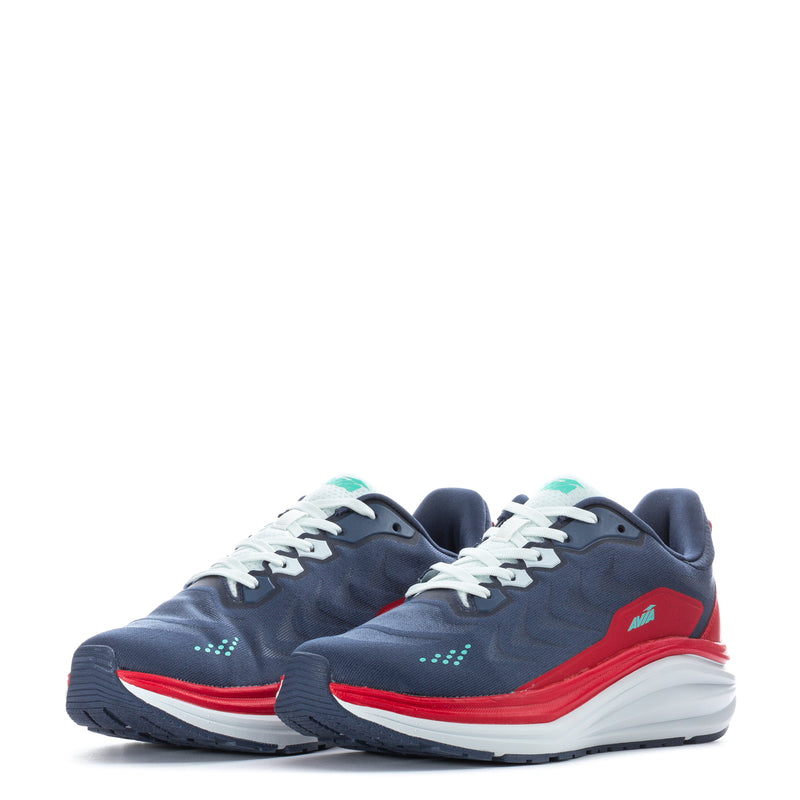 Pair of men's navy running shoes with teal accents, red trim, and white laces