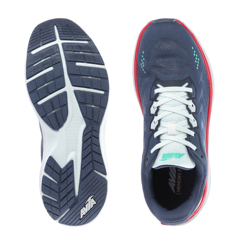 Men's navy running shoes, treaded outsole and laced upper view