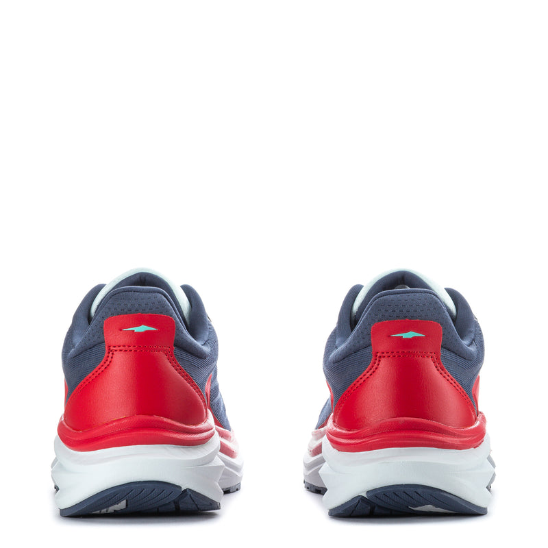Men's navy running shoes with red heel, white sole, back view