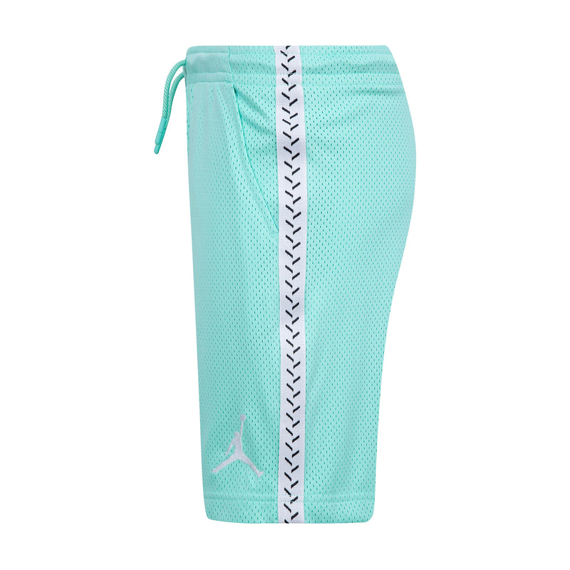 Youth mesh shorts in turquoise/teal with back view elastic waistband and side stripe