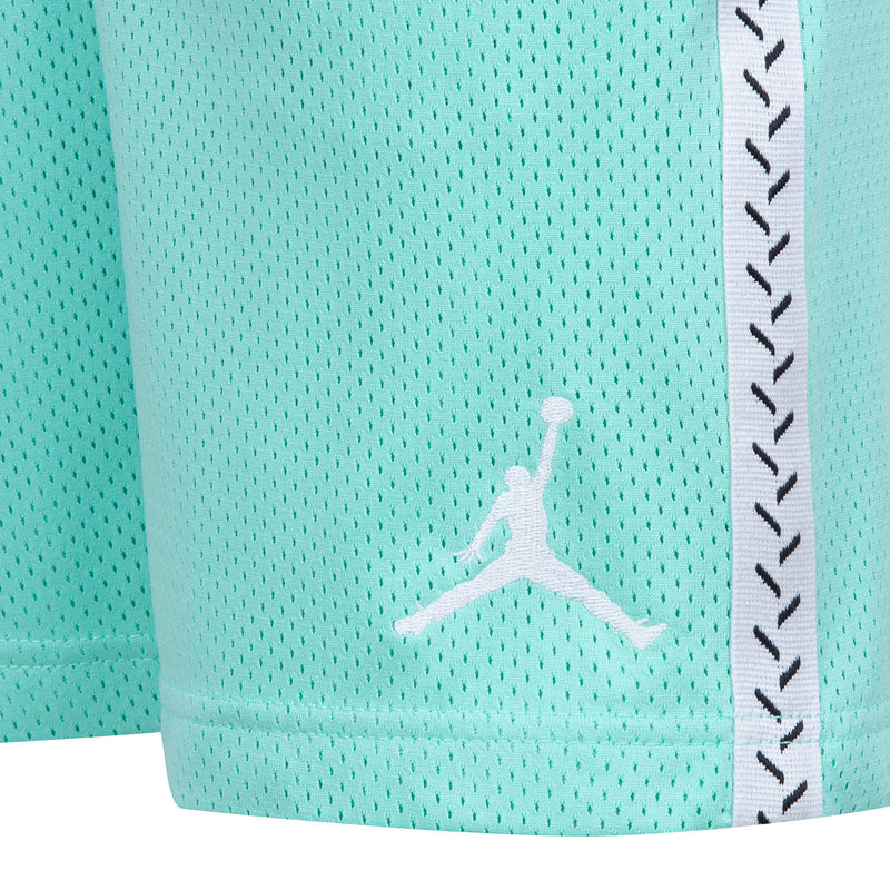 Turquoise/teal mesh shorts with Jumpman logo on the leg and contrast side panel