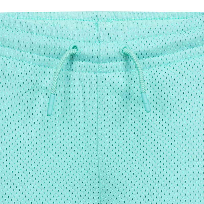 Turquoise/teal mesh shorts with drawstring waist and elastic waistband