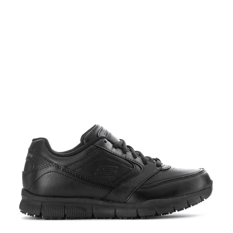 Black women's wide lace-up sneaker with rugged tread outsole, Skechers; side view